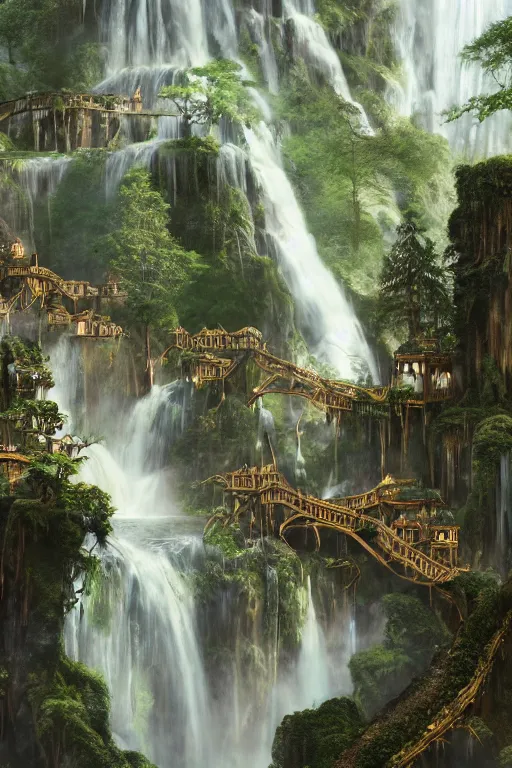 Image similar to wooden elven City with golden roofs, arches and bridges on top of a WATERFALL in the fall, gnarly trees, lush vegetation, forrest, a small stream runs beneath the waterfall, landscape, raphael lacoste, eddie mendoza, alex ross, john howe, concept art, matte painting, highly detailed, rule of thirds, dynamic lighting, cinematic, detailed, denoised, centerd, clean render