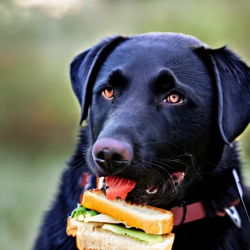 Prompt: old, black labrador eating a sandwich, photography