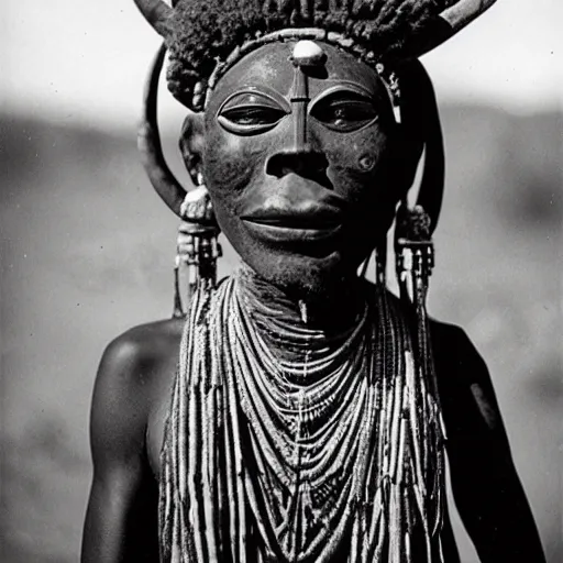 Prompt: vintage photo of a dogon shaman wearing an elaborate mask by edward s curtis, photo journalism, photography, cinematic, national geographic photoshoot