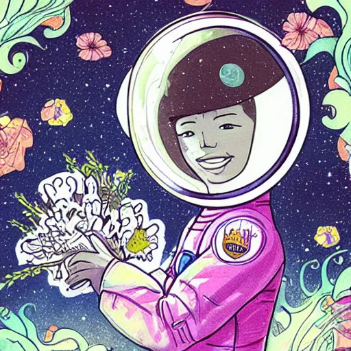 Prompt: astronaut in space with flowers in space suit by tithi luadthong, photorealistic, art nouveau, illustration, concept design, storybook layout, story board format