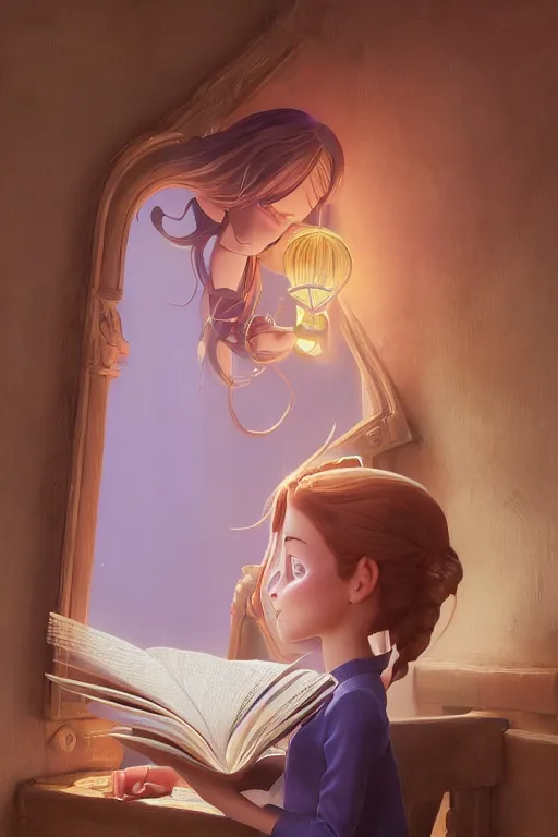 Image similar to highly detailed portrait of beautiful girl reading a book in toy story 3, detailed hands, dynamic pose, stephen bliss, unreal engine, fantasy art by greg rutkowski, loish, rhads, ferdinand knab, makoto shinkai and lois van baarle, ilya kuvshinov, rossdraws, tom bagshaw, global illumination, radiant light, detailed and intricate environment