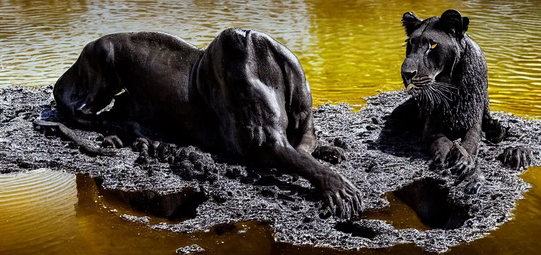 Image similar to a black lioness, made of ferrofluid, bathing inside the lake of ferrofluid, full of goo, covered with ferrofluid. dslr, photography, realism, animal photography, color, savanna, wildlife photography