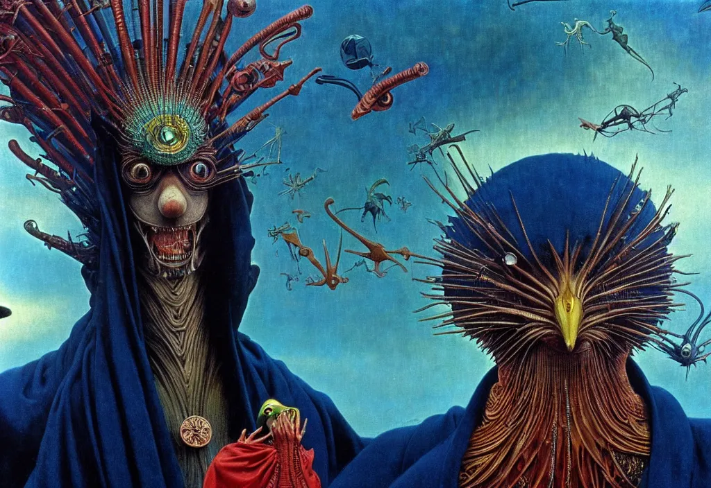 Image similar to realistic detailed portrait movie shot of a birdman wearing dark robes, sci fi city landscape background by denis villeneuve, amano, yves tanguy, alphonse mucha, ernst haeckel, max ernst, roger dean, masterpiece, rich moody colours, blue eyes, snarling dog teeth