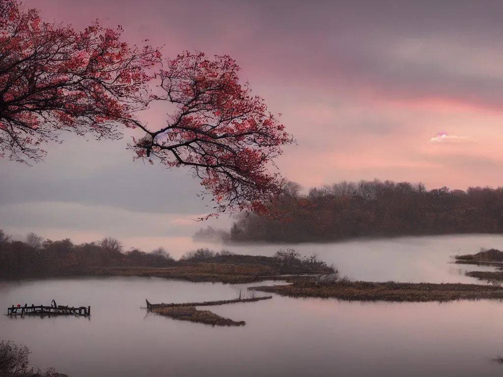 Image similar to rosy clouds fly with lone mallards side by side, autumn waters blend into the hues of th'vast sky, cinematic landscape ， on a snowy day, natural light, by xu beihong