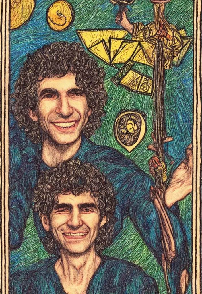 Image similar to Yoshua Bengio smiling drawn on the Tarot card. Illustration by preraphaelists.