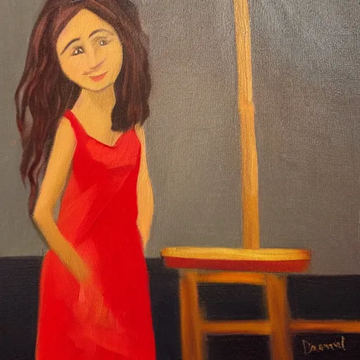 Image similar to oil painting of a girl in a red dress on a date night