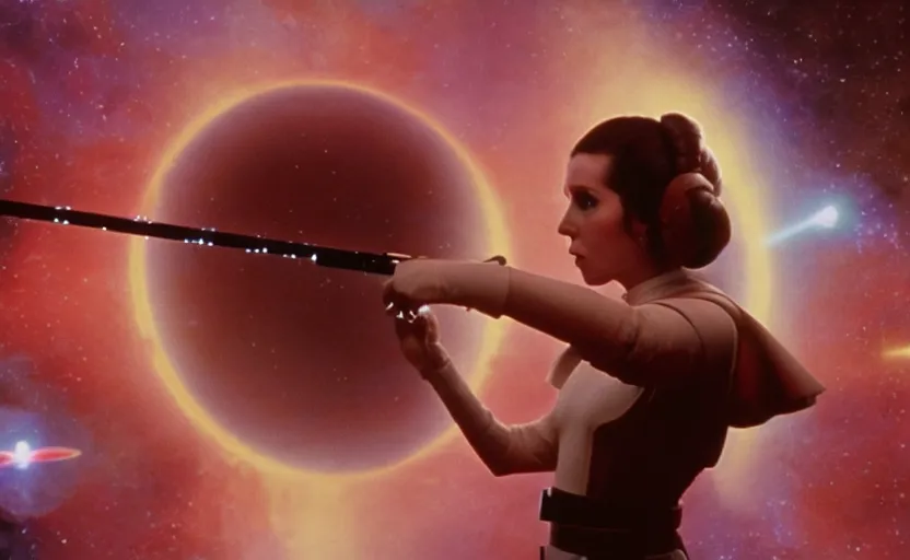 Image similar to screenshot portrait of Princess Leia using her lightsaber on a strange planet of maelstrom, chaos, the world without form and void, 1970s film by Stanley Kubrick, iconic scene, HR Geiger design, stunning cinematography, octane render, hyper-detailed, sharp, anamorphic lenses, kodak color, 4k, stunning