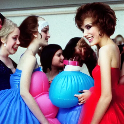 Image similar to a teenage girl with an inflatable head at the prom, the other students are laughing at her on the dancefloor, live-action john waters film, 1978, technicolor