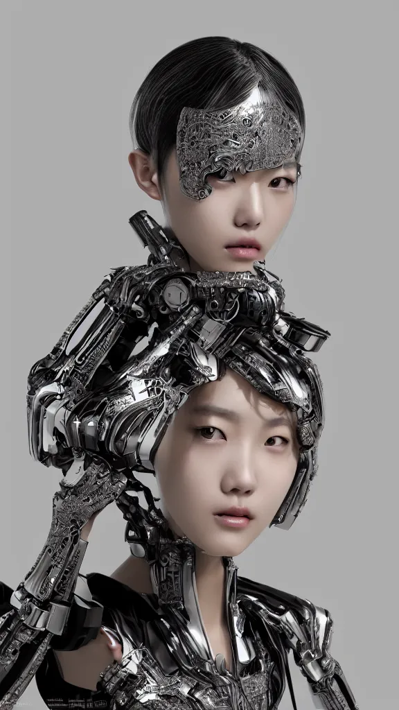 Image similar to korean female model face with silver mechanical exoskeleton body made of carbon fibre, ornate patterns and details, dynamic pose, mechanical part, glowing components, gold trimmings, bust, hyperdetailed, octane render, kpop