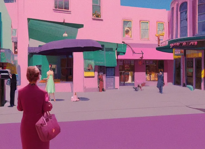 Prompt: cinematic mid shot of a high detail, woman's face looking off camera, with round glasses. fine facial features. she stands in an empty, pastel colourful 3 d, vegas street scene by jeffrey smart and gregory crewdson and edward hopper, inspired by the grand budapest hotel, lots of pastel colour