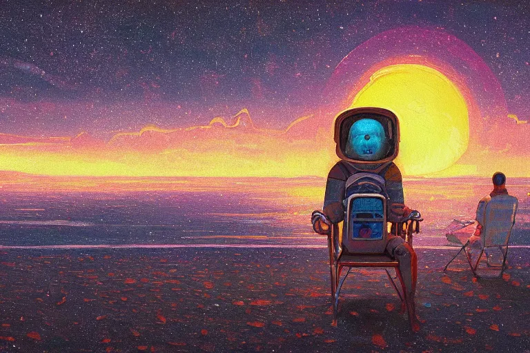 Prompt: astronaut sitting at the beach in a chair of an psychedelic alien planet watching the sunset, surreal photography, dark night, stars, moon light, impressionist painting, clouds, digital painting, artstation, simon stalenhag