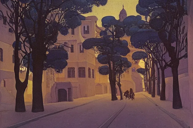 Image similar to tree-lined street at midnight in a very old very beautiful city by Nicholas Roerich and Rudolf Ernst, colorful tiled architecture, strong dramatic cinematic lighting, lost civilizations, smooth, sharp focus, extremely detailed