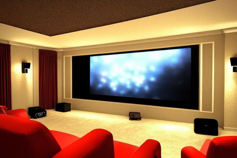 Image similar to very wide view of a modern home movie theater with giant projector screen!!, detailed art deco decoration!!, wall lights, plant, popcorn machine, watercolor painting trending on artstation