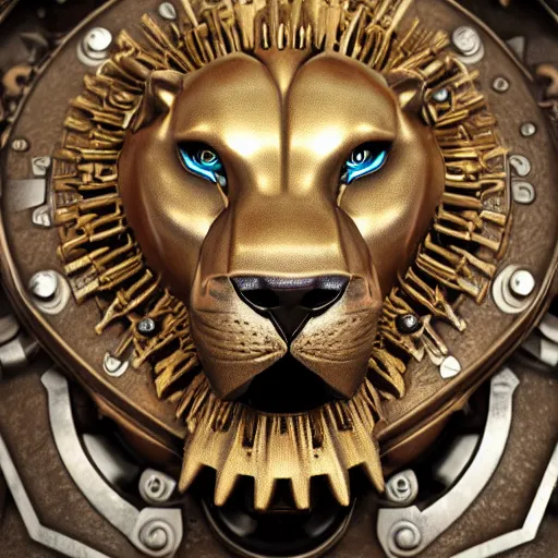 Image similar to A steampunk lion portrait made of engraved full plate armor and gears, Macro shot by Justin Gerard, unreal engine, physically based rendering