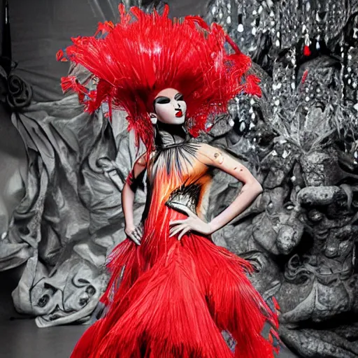 Image similar to a photo of a model wearing avant garde outfit by rocky gathercole