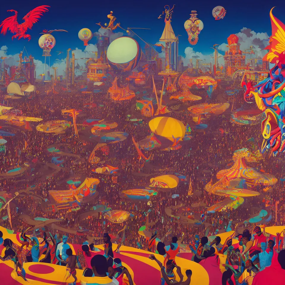 Image similar to trinidad and tobago carnival by paolo eleuteri serpieri and tomer hanuka and chesley bonestell and daniel merriam and tomokazu matsuyama, unreal engine, high resolution render, featured on artstation, octane, 8 k, highly intricate details, vivid colors, vector illustration