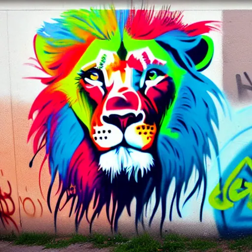 Prompt: wall with graffiti, splash painting of a lion by depose