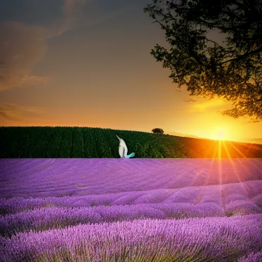 Image similar to lavender field in provence at sunset with a cat sitting in foreground