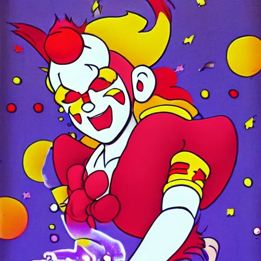 Prompt: giant clown attacking a city in sailor moon