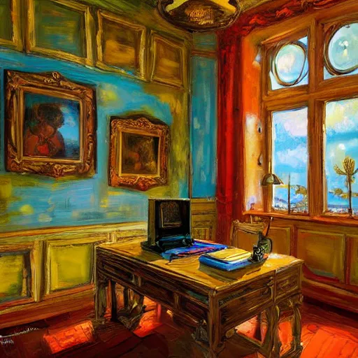 Image similar to a cozy little office nook, dmitry spiros, leonardo da vinci, 8 k, wide angle,