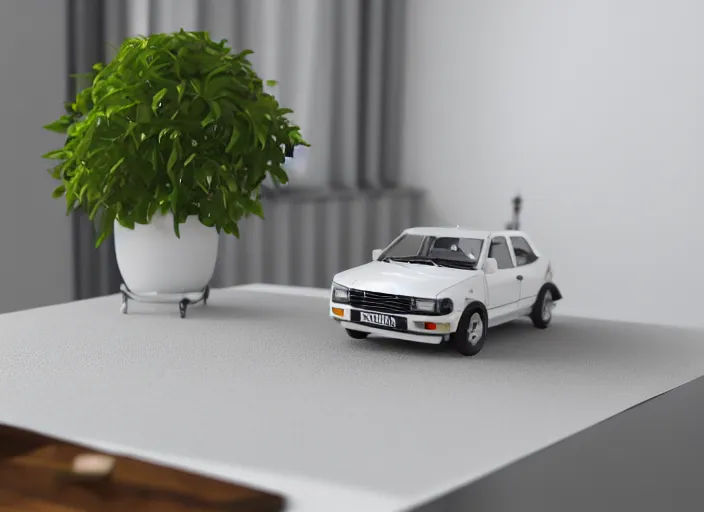 Image similar to a small miniature of a Peugeot 309 1992 on a white table near a book and a vase with a plant, 3d render, octane render, unreal engine 5, path tracing, serene landscape, calm, relaxing, beautiful landscape, highly detailed, high quality, 4k, symmetrical, low contrast, centered
