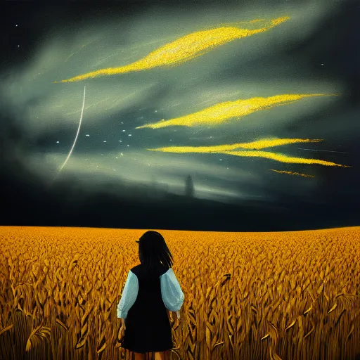 Image similar to giant black daisy flower as a head, girl walking in wheat field, hills, surreal photography, dark night, star trails, dramatic light, impressionist painting, clouds, digital painting, artstation, simon stalenhag