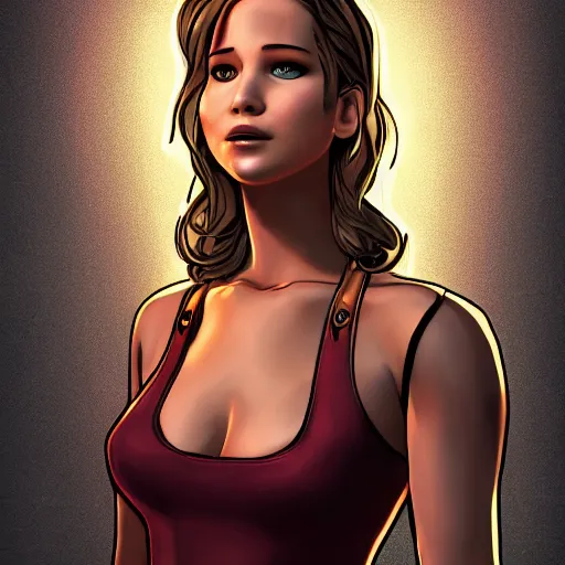 Image similar to jennifer lawrence portrait, borderlands, tales from the borderlands, the wolf among us, comic, cinematic lighting, studio quality, 8 k