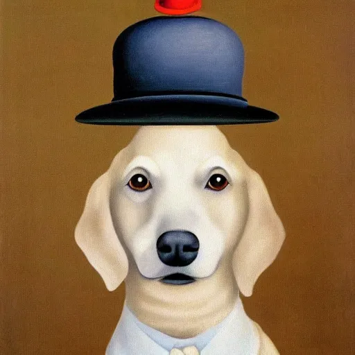 Image similar to a rene magritte painting of a dog wearing a hat, award winning painting, detailed, surreal, symmetrical, clean, smooth, aesthetic