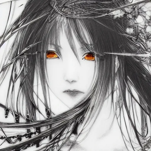 Image similar to yoshitaka amano blurred and dreamy illustration of an anime girl with black eyes, wavy white hair fluttering in the wind wearing elden ring armor and engraving, abstract black and white patterns on the background, noisy film grain effect, highly detailed, renaissance oil painting, weird portrait angle, blurred lost edges, three quarter view