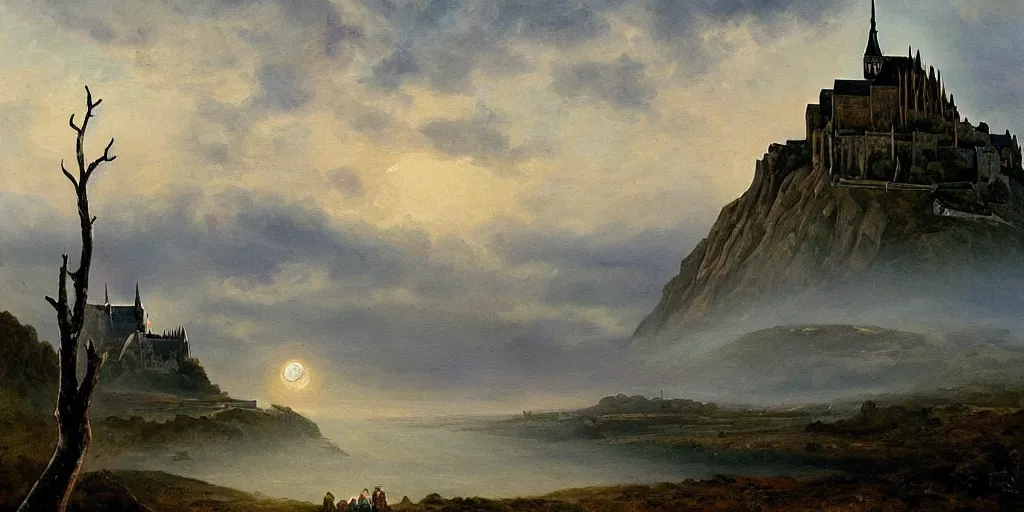 Prompt: masterpiece oil painting portraying mont saint michel in the style of romanticism landscape painters with a tree on the foreground,beautiful,misty,evocative