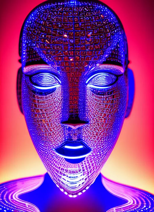 Prompt: ( beautiful female queen chess piece ( top is bioluminescence ) ( bottom is parametric ) ), beautiful face, reflection of led lights, algorithmic, intricate detail, futuristic, very detailed, highly detailed background, sharpfocus, photorealism, soft diffuse autumn lights, some sun light ray, dark room wall, canon 5 d 5 0 mm lens