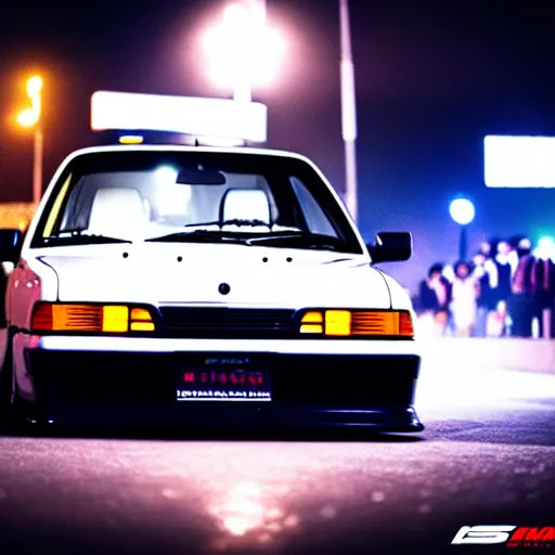 Image similar to a car 190E turbo drift at illegal car meet, Shibuya prefecture, midnight mist lights, cinematic color, photorealistic, highly detailed wheels, highly detailed