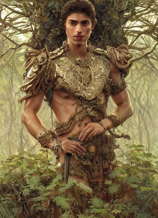 Prompt: intricate detailed portrait painting of a male warrior on a beautiful forest meadow, temple ruins surrounded by lush forest, afternoon, intricate, elegant, highly detailed, digital painting, sharp, focus, illustration art by artgerm and greg rutkowski and alphonse mucha