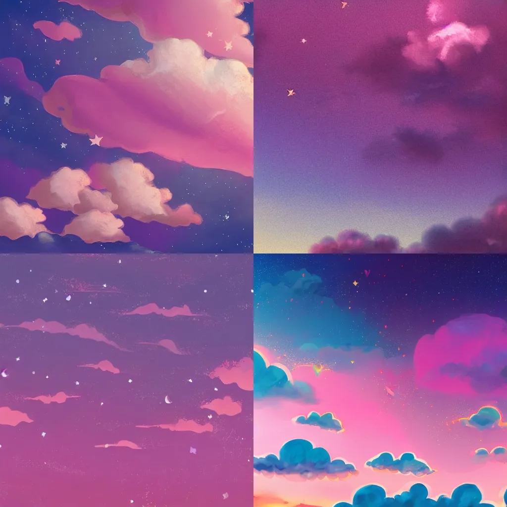Prompt: pink sky with star shaped clouds, anime style