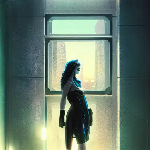 Image similar to portrait of cyberpunk woman looking out of a window, cyberpunk setting, futuristic, highly detailed, intricate lighting, digital painting, sharp focus, illustration, trending on artstation, art by marc simonetti.