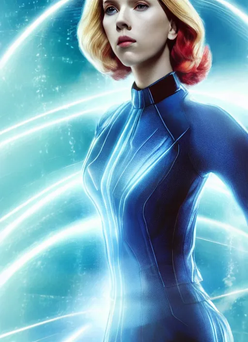 Image similar to scarlett johansson portraying a beautiful susan storm invisible woman from marvel, beautiful scarlett johansson susan storm, movie, hyper realistic, hollywood promotional image, imax, 8 k