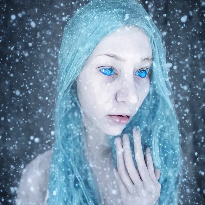 Image similar to a sickly looking young woman dying of hypothermia, with very white skin and pale blue hair wearing a long highneck dress made out of snowflakes in the middle of a heavy snowstorm. pale light blue lips. full body digital portrait by maromi sagi