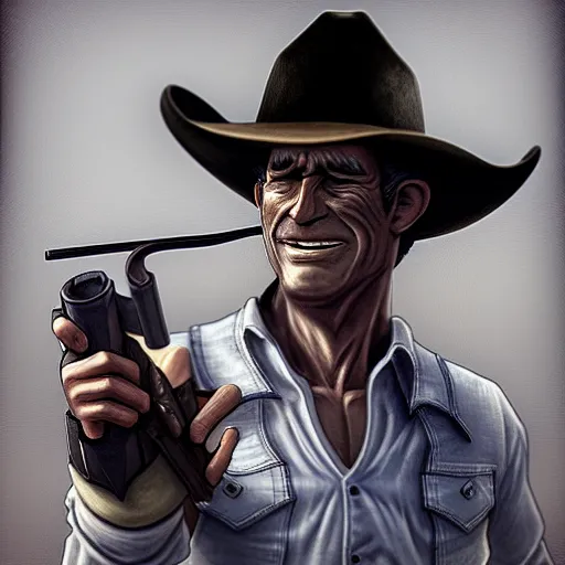 Image similar to a man in a cowboy outfit holding two guns, concept art by Tony DiTerlizzi, cgsociety, american realism, xbox 360 graphics, prerendered graphics, concept art