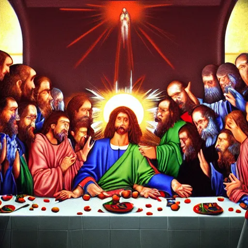 Image similar to photorealistic evangelion at jesus's last supper, Hyperdetailed, 108 Megapixels