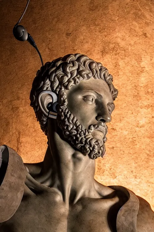 Image similar to a photo of michelangelo's sculpture of david wearing headphones djing, hyper realistic, ambient lighting, concept art, intricate, hyper detailed, smooth, dynamic volumetric lighting, octane, cinematic, high quality, high resolution, 4 k