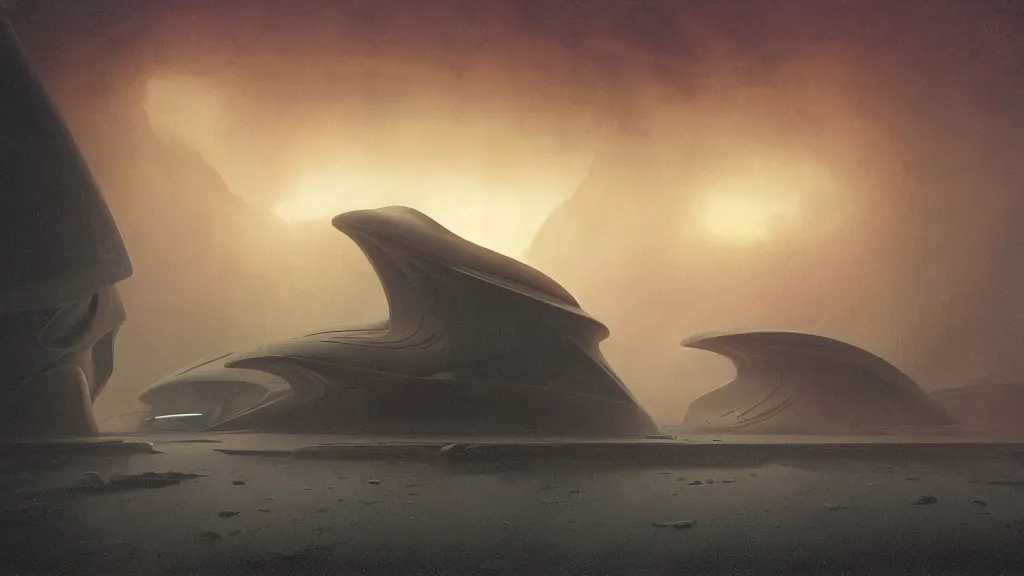 Image similar to otherworldly atmosphere of an alien planet by arthur haas and bruce pennington and john schoenherr, cinematic matte painting, zaha hadid building, 8 k realistic, stormy rainfall, dark moody colors