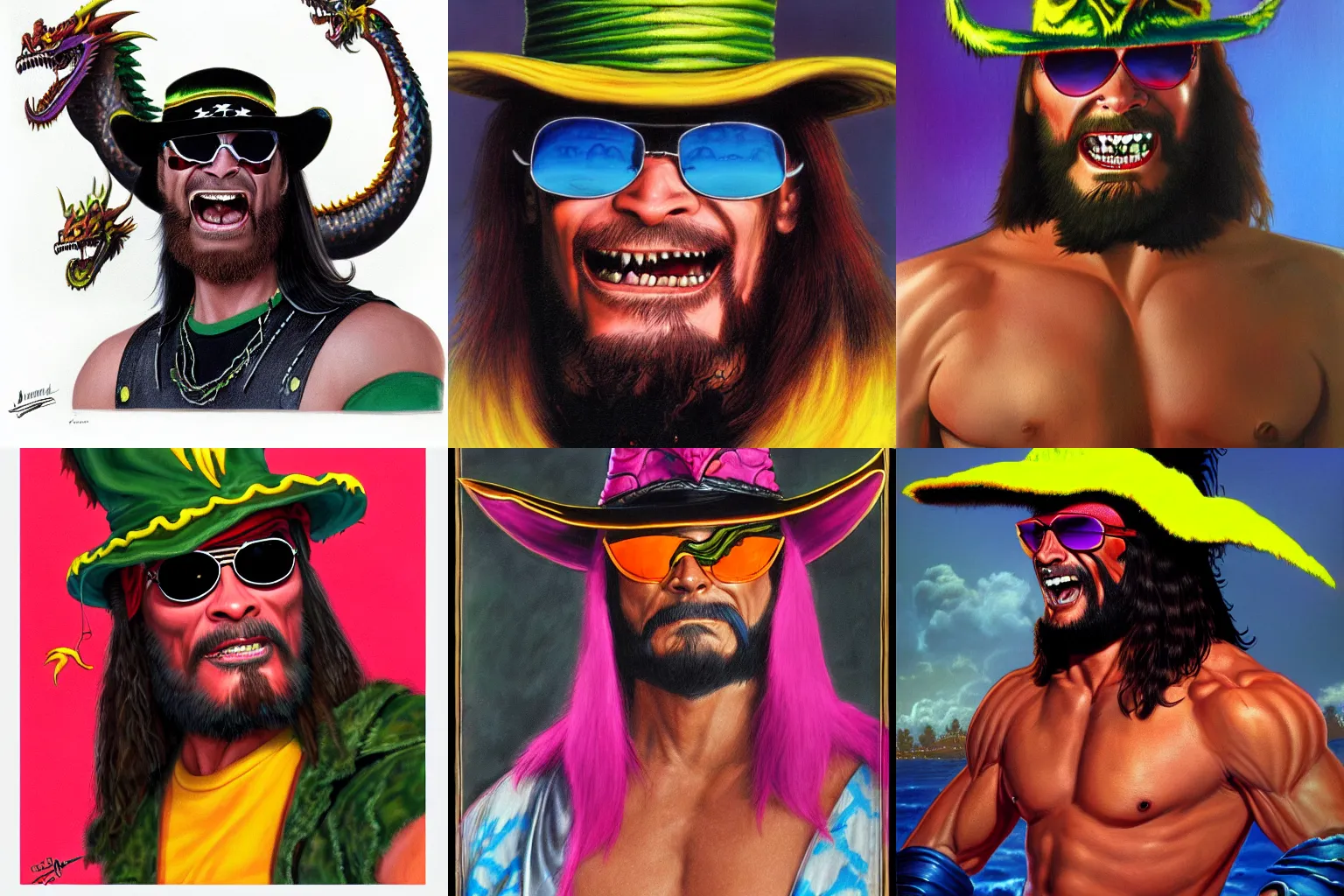 Prompt: Dragon wearing the hat and sunglasses of Macho Man Randy Savage, by Jeff Easley. Trending on Artstation