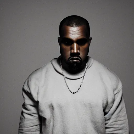 Prompt: cinematic photograph of Kanye West dresses as a cyborg, minimal album cover, shallow depth of field, 40mm lens, gritty, textures