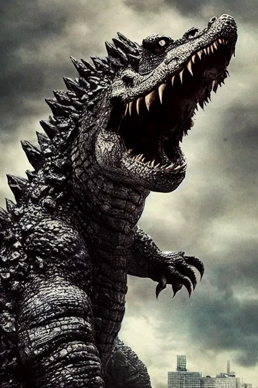 Prompt: Godzilla, kaiju, beast, crocodile, sharp teeth, scary look, angry