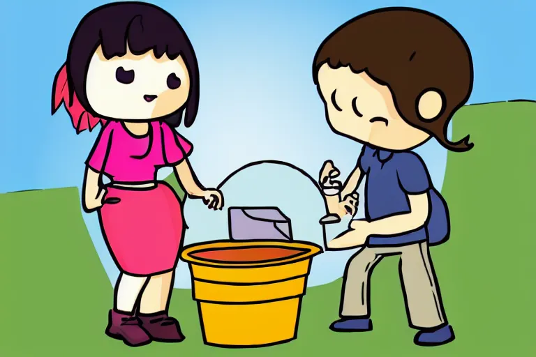 Image similar to a guy putting a dustbin over the head of a girl, in the style of chibi