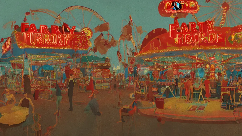 Prompt: Party at the fairground, in the style of David Lynch, by Wes Anderson, concept art, artstation