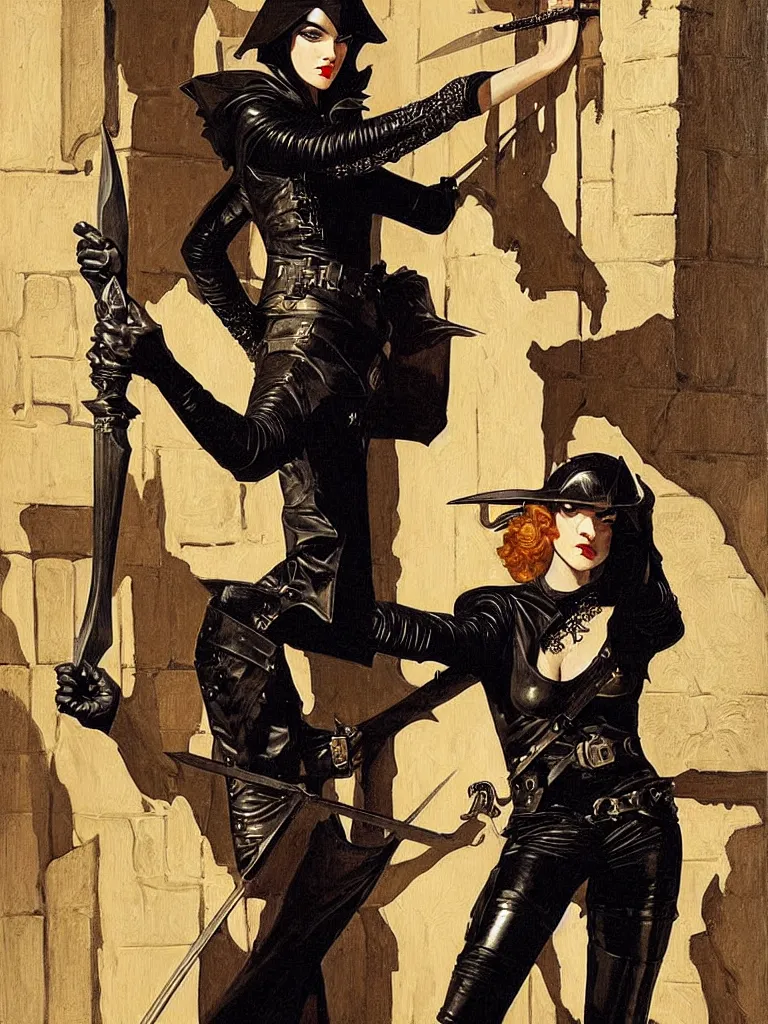 Image similar to portrait of a young woman as a thief wearing black leather armor and wielding a dagger in a dark alleyway, fantasy, intricate, elegant, art by j. c. leyendecker