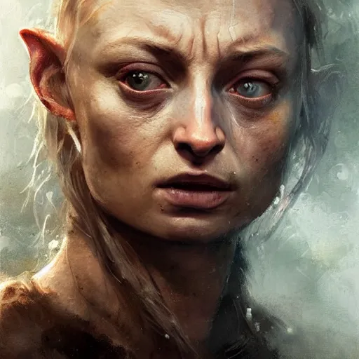 Prompt: portrait of Sophie Turner as Gollum in LOTR, Realistic painting by greg rutkowski, craig Mullins, Artgerm