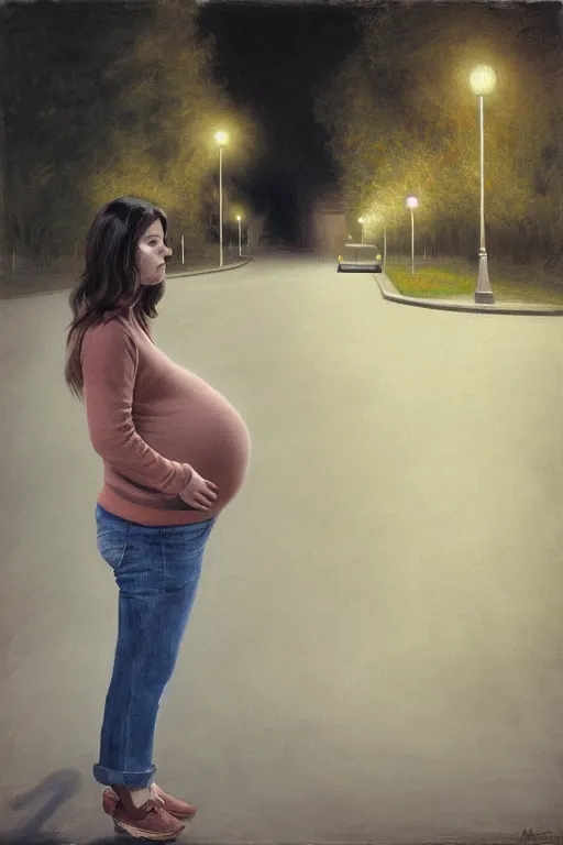 Image similar to pregnant woman under street light, jeans and sweater, by Alyssa Monks, Bouguereau