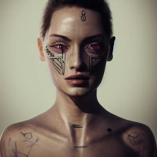 Image similar to face tattoo, minimalistic aesthetics, geometric figures, stunning photo, cinematic lighting, perfect composition, 8K, ultra-detailed , Trending on artstation, Octane render, Unreal Engine, highly detailed